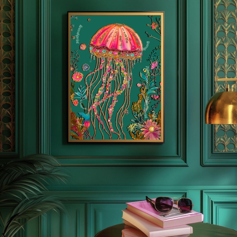 Op de afbeelding: Een ingelijst kunstwerk met een levendig kwallenontwerp. De kwal heeft een roze en oranje bel met ingewikkelde details en lange, vloeiende tentakels. De achtergrond is een diep teal met bloemen en botanische accenten, en de lijst is goudkleurig.
