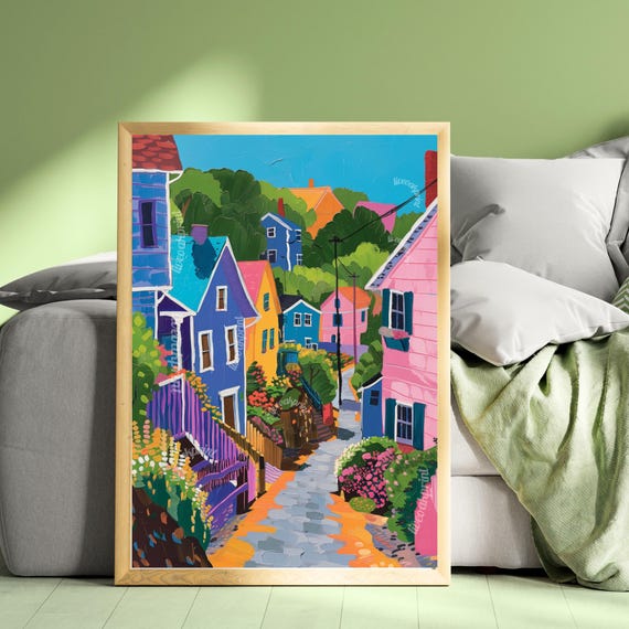 Quaint and Cozy Little Town Print - Colorful Neighborhood Wall Art