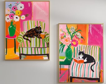 Set of 2 Cat Prints: Choose Your Cat – Retro Maximalist Reading Coffee Wall Art