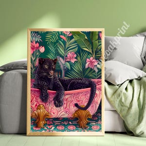 Black Panther in a Bathtub - Luxury Maximalist Bathroom Art - Moody Jungle Wall Decor - Exotic Animal Print - Tropical Bathroom Wall Art