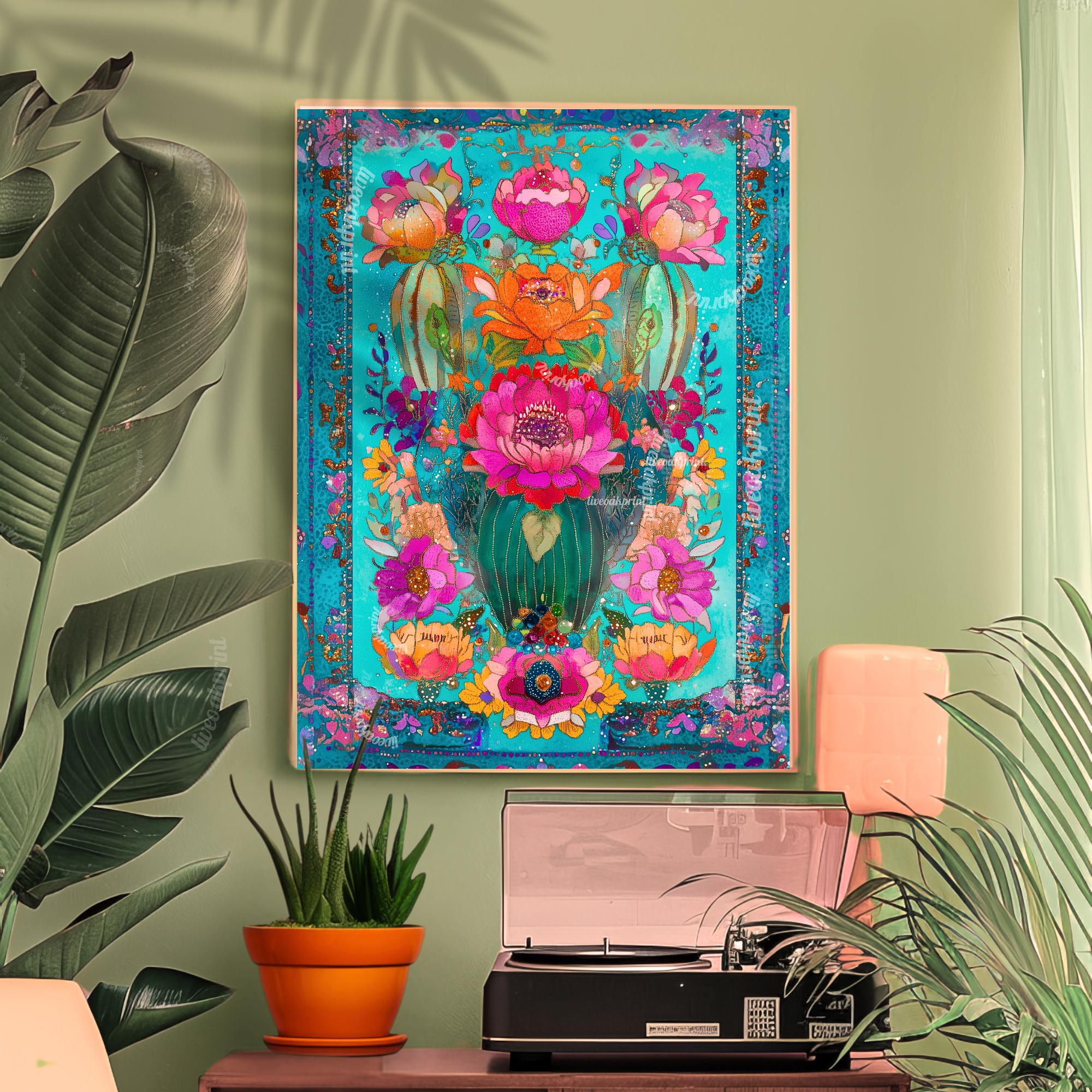 Turquoise Cactus Wall Art - Mexican Cactus Print Mexican Art Print Folk ...