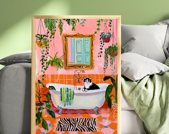 Tuxedo Cat in a Bathtub - Pink Orange Blue - Boho Botanical Bathroom