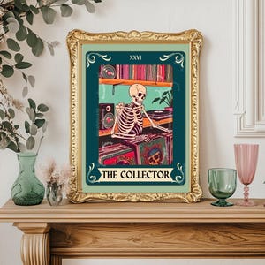 The Collector Tarot Print (Blauwgroen toevoeging)– Skeleton platenverzamelaar muurkunst, vinyl tarotkaart decor Vinyl muur print Muziek hoekje decor