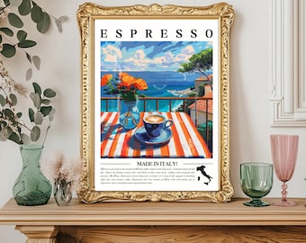 Arte mural de espresso italiano - Decoración de cocina italiana, impresión artística de espresso, arte de café toscano, decoración italiana para el hogar, regalo para amantes del espresso, arte mural rústico