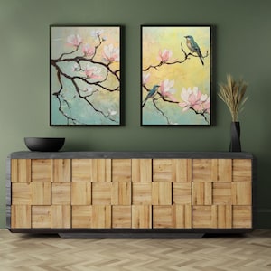 Magnolia Tree & Birds Diptych - Framed Canvas / Print  / Gallery Wall Art Set of 2 - Botanical Nature Prints - Pastel Bird Wall Art