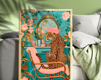 Coquette Leopard Wall Art - Glam Vanity Decor - Maximalist Animal Print - Leopard in Pink Hat - Messy Coquette Aesthetic - Retro Bathroom