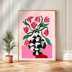 Poker Vase Wall Art – Bold Playing Card Vase Print – Funky Tulip Floral Print – Abstract Modern Decor – Pink and Green Maximalist Wall Art