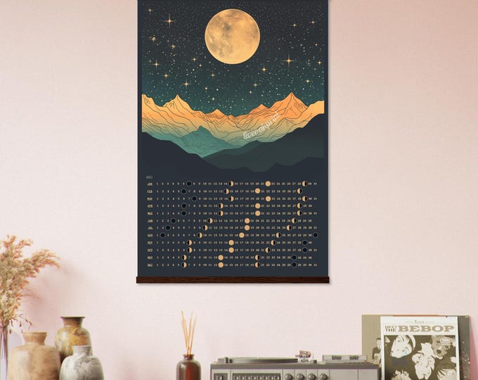 2027 Moon Phase Calendar – Vintage Style Lunar Wall Art (Wooden Hanger Optional)