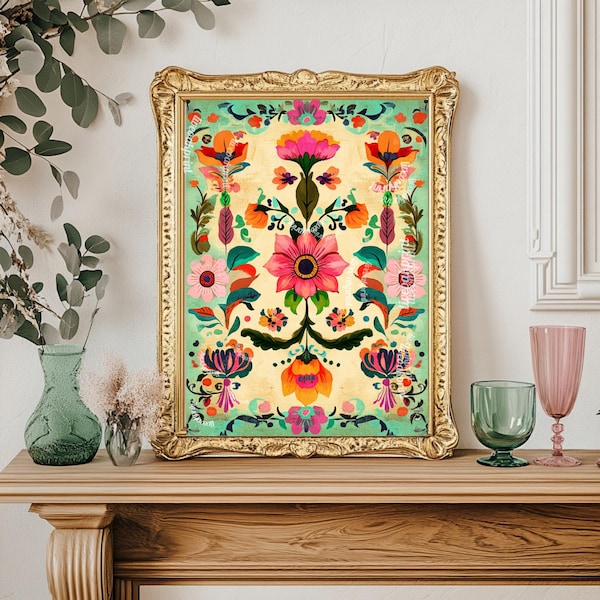 Mexikanische Folk Art Print - Rosa und grüner Blumendruck - Vintage Volkskunst lateinamerikanische Wohnkultur Mexiko Wandkunst Bunter Kaktus Kunstdruck