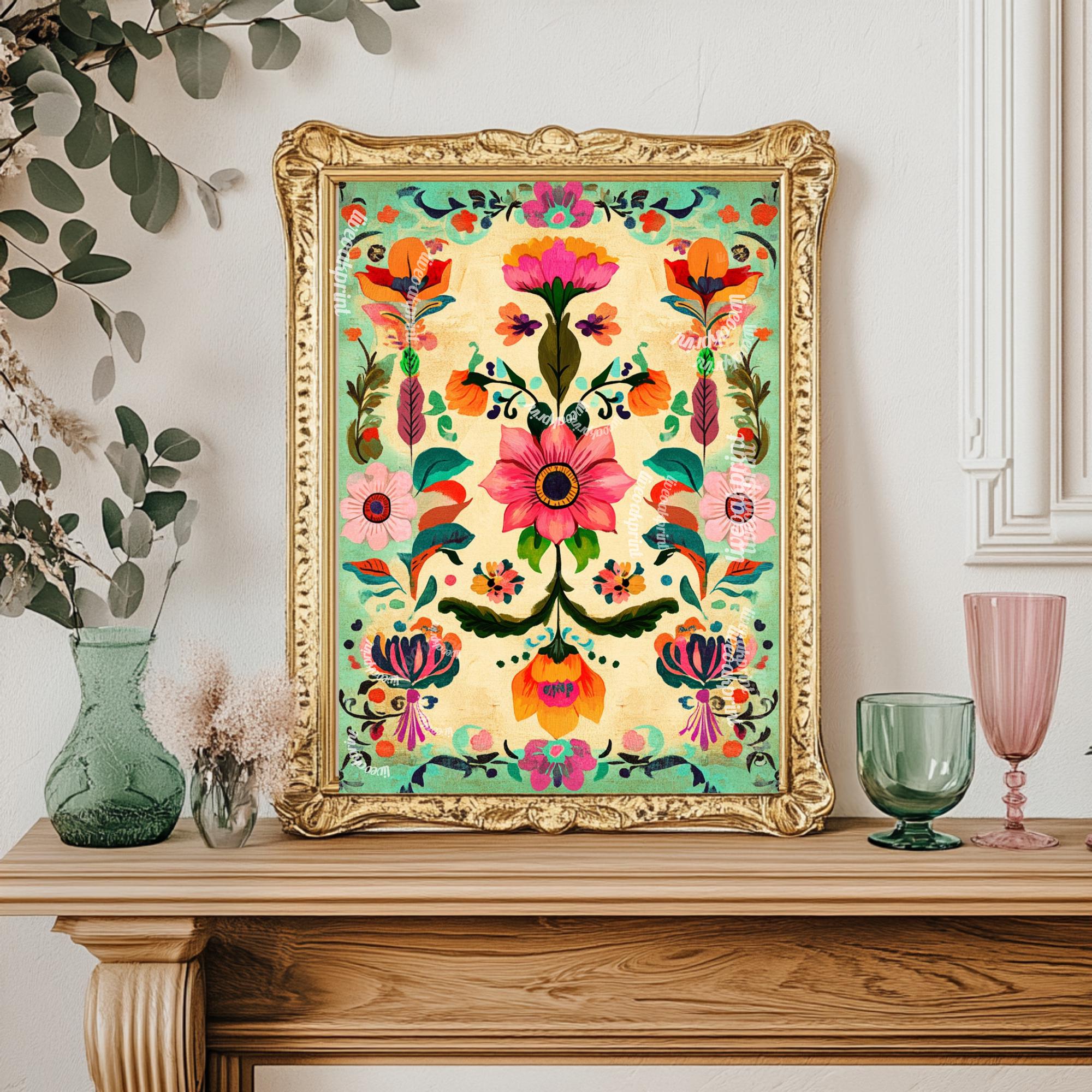 Mexican Folk Art Print - Pink and Green Floral Print - Vintage Folk Art ...