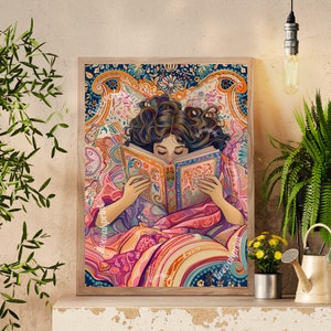 William Morris Inspired Reading Print - Woman Reading In Bed - Girl Reading In Bed - Bookish Print - Reading Decor - Maximalist Wall Art