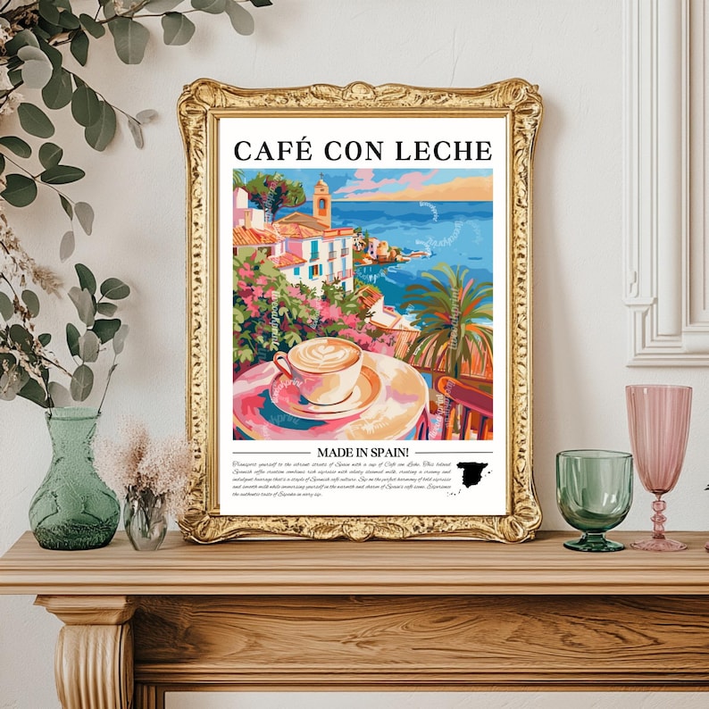 Café con Leche Wall Art - Spanish Kitchen Decor Spain Coffee Print Mediterranean Wall Art Spain Travel Poster Coffee Lover Gift Spain Gift image 2