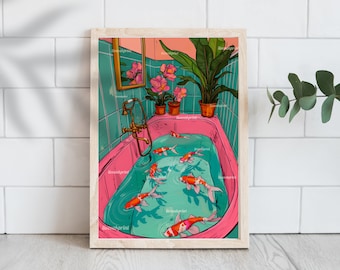 Koi Fish Swimming in a Retro Bathtub Print - Maximalist Bathroom Decor - Fish Wall Art - Eclectic Bathroom Print - Koi Wall Decor