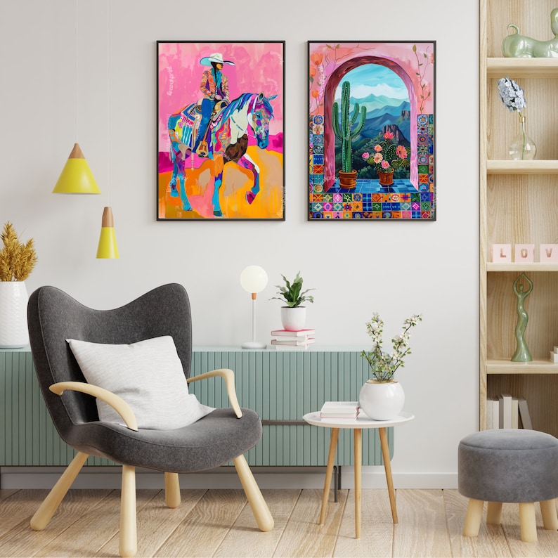 Maximalistiskt cowgirltryck - Cowgirldekor - Trendigt cowgirltryck - Preppy väggkonst - Trendig konst - Studentsalsdekor - Rosa sovrumsdekor bild 4