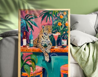 May include: A colorful painting of a leopard sitting at a bar with a tropical drink. The leopard is wearing a green and brown spotted coat and has a pink drink in its paw. The background is a vibrant pink and green with tropical plants and a bar counter.