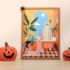 Ghosts Need Baths Too - Cute Ghost Print - Cute Ghost Wall Art - Spooky Bathroom Art - Halloween Bathroom Decor - Maximalist - Vibrant