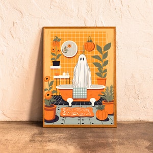 Oscar the Ghost Takes A Bath - A Fall Themed Bathtub! - Fall Bathroom Print - Eco-friendly Halloween Decor - Orange Ghost Print - Cute Ghost