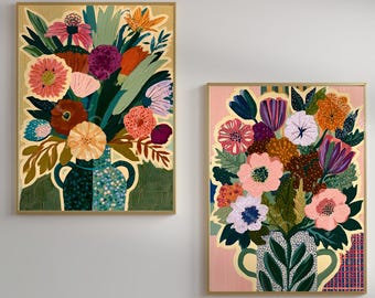Set of 2 Floral Wall Art Prints, Maximalist Botanical Gallery Wall Set, Blush and Gold Flower Poster Duo, Eclectic Living Room Decor Art