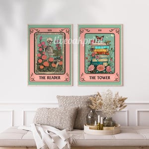 The Reader & The Tower Tarot Card Book Prints - Set of 2 | Book Lover’s Tarot Art | Botanical Wall Decor for Reading Nook or Library