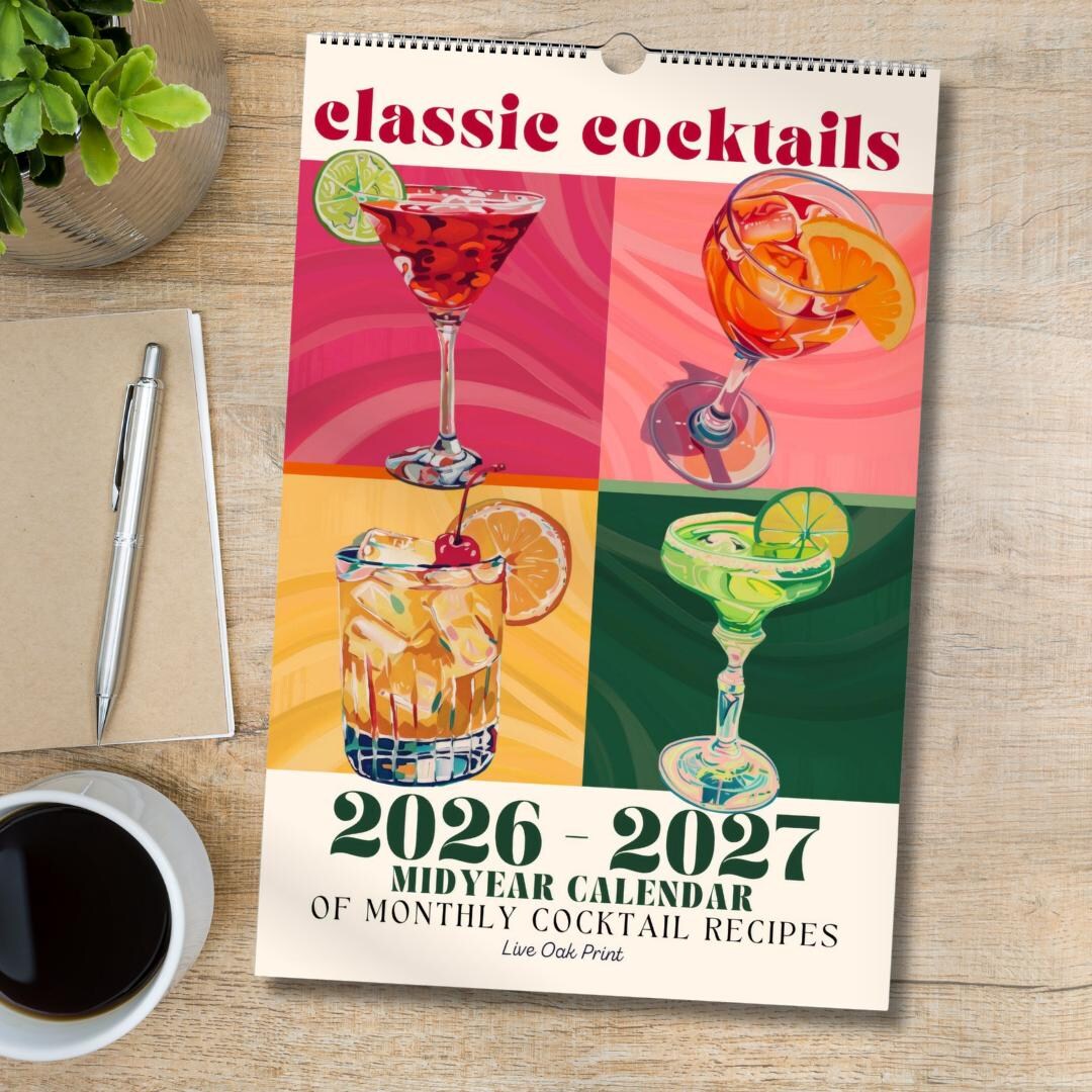 2026-2027 Cocktail Calendar | Monthly Recipes, Bar Art Print | Home Bar ...