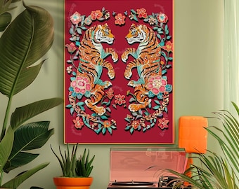 Tiger Wall Art - Dopamine Decor Living Room Red Wall Print Red Home Decor Y2k Art Print Vintage Tiger Poster Maximalist Red Canvas Wall Art