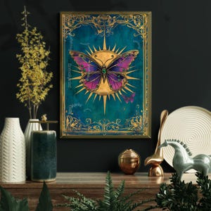 Butterfly and Sun Wall Art - Moody Vintage Boho Butterfly Print - Teal and Gold Celestial Decor - Mystical Butterfly Wall Art - Whimsigoth