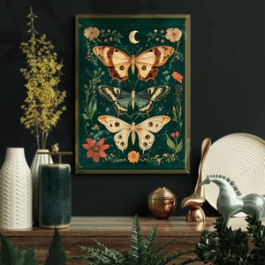Emerald Green Vintage Scientific Butterfly Print - Lunar Moth Wall Art - Boho Butterfly Decor - Whimsigothic Print - Dark Academia