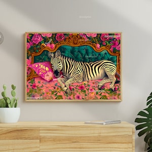 Śpiąca zebra – wydruk artystyczny – maksymalistyczny wystrój sypialni w stylu vintage
