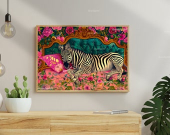 May include: A black and white zebra lying on a pink and green floral patterned sofa with gold accents. The sofa has a green velvet cushion and a pink pillow with gold accents.