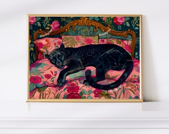 Könnte beinhalten: Ein schwarzer Panther schläft auf einer pinkfarbenen und grün gemusterten Chaiselongue mit goldenen Akzenten.