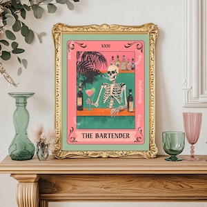 The Bartender Tarot Card Print  - Skeleton Wall Art - Bar Cart Art - Cocktail Print - Witchy Bar Art - Tarot Wall Art - Framed or Unframed