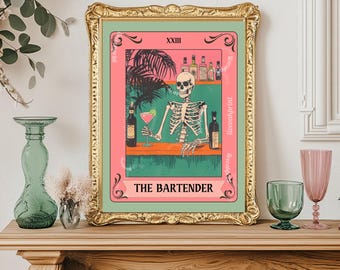 The Bartender Tarot Card Print  - Skeleton Wall Art - Bar Cart Art - Cocktail Print - Witchy Bar Art - Tarot Wall Art - Framed or Unframed