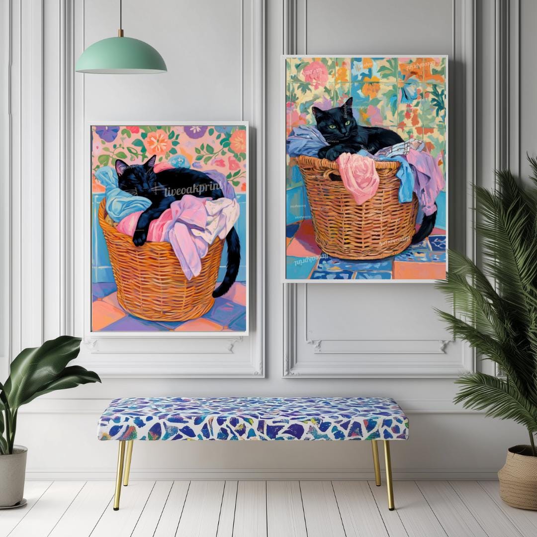 Set of Two Black Cats Wall Art - Black Cat in Laundry Bin Print - Etsy