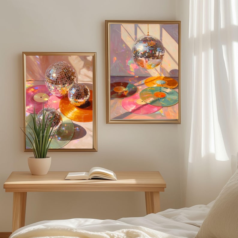 Diskokugel und Schallplatten Wand Kunst 2er-Set Prints - Funky Maximalist Wand Kunst Retro Wand Dekor Geschenk für Schallplatten Liebhaber Disco Ball Musik Kunst Bild 6