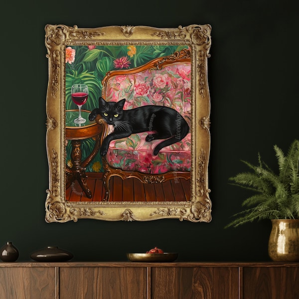 Black Cat with Red Wine Print - Emerald Green and Pink Wall Art - Wine Bar Decor - Maximalist Cat Art - Kitchen Wall Decor