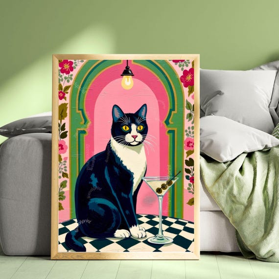 Tuxedo Cat Martini Art Print – Grandmacore Bar & Bathroom Wall Decor, Pink Floral Cat Illustration, Cat Lover Gift