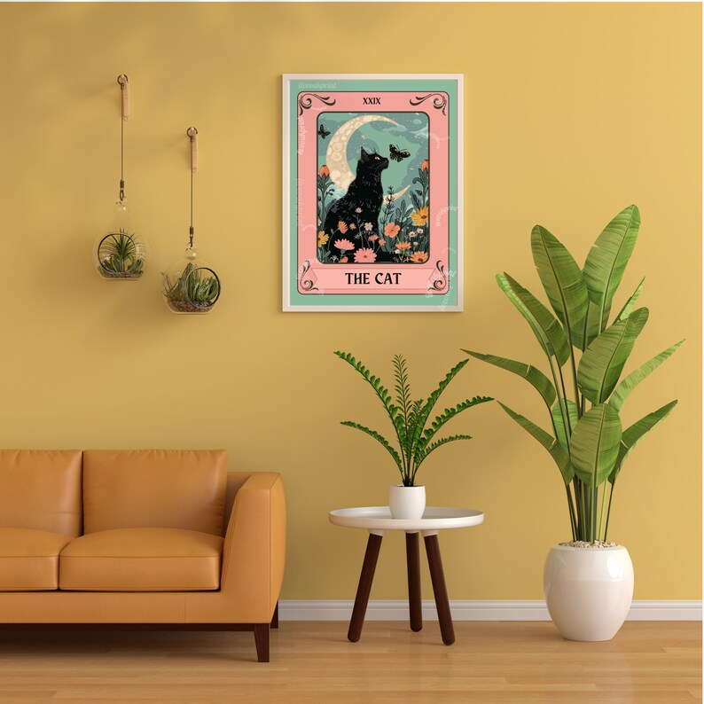 The Cat Tarot Print Cat Tarot Card Botanical Cat Moon Print Black Cat
