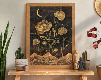 Gold and Black Flowers - Vintage Whimsical Moon Print - Neutral