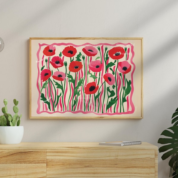 Horizontal Red Poppies Print - Over the Couch Print Over The Bed Wall Art Large Landscape Wall Art Minimalist Abstract Botanical Print