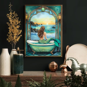 Mermaid in a Bathtub Print - Scenic Beach Bathroom Wall Art - Blue Aqua Coastal Decor - Ocean Inspired Mermaid Art - Beach House Decor