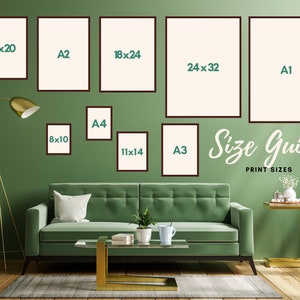 May include: A green wall with framed prints in various sizes, including 8x10, 11x14, 16x20, 18x24, 24x32, A1, A2, A3, and A4. The text "Size Guide Print Sizes" is written below the frames.