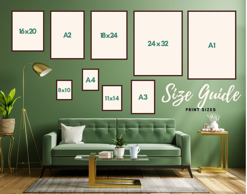 May include: A green wall with framed prints in various sizes, including 8x10, 11x14, 16x20, 18x24, 24x32, A1, A2, A3, and A4. The text "Size Guide Print Sizes" is written below the frames.