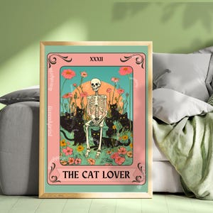 Impression d'art tarot chat, art mural chat noir, décoration de chat de sorcellerie, illustration de chat botanique, carte de tarot, décoration murale, cadeau pour amoureux des chats, affiche de chat mystique