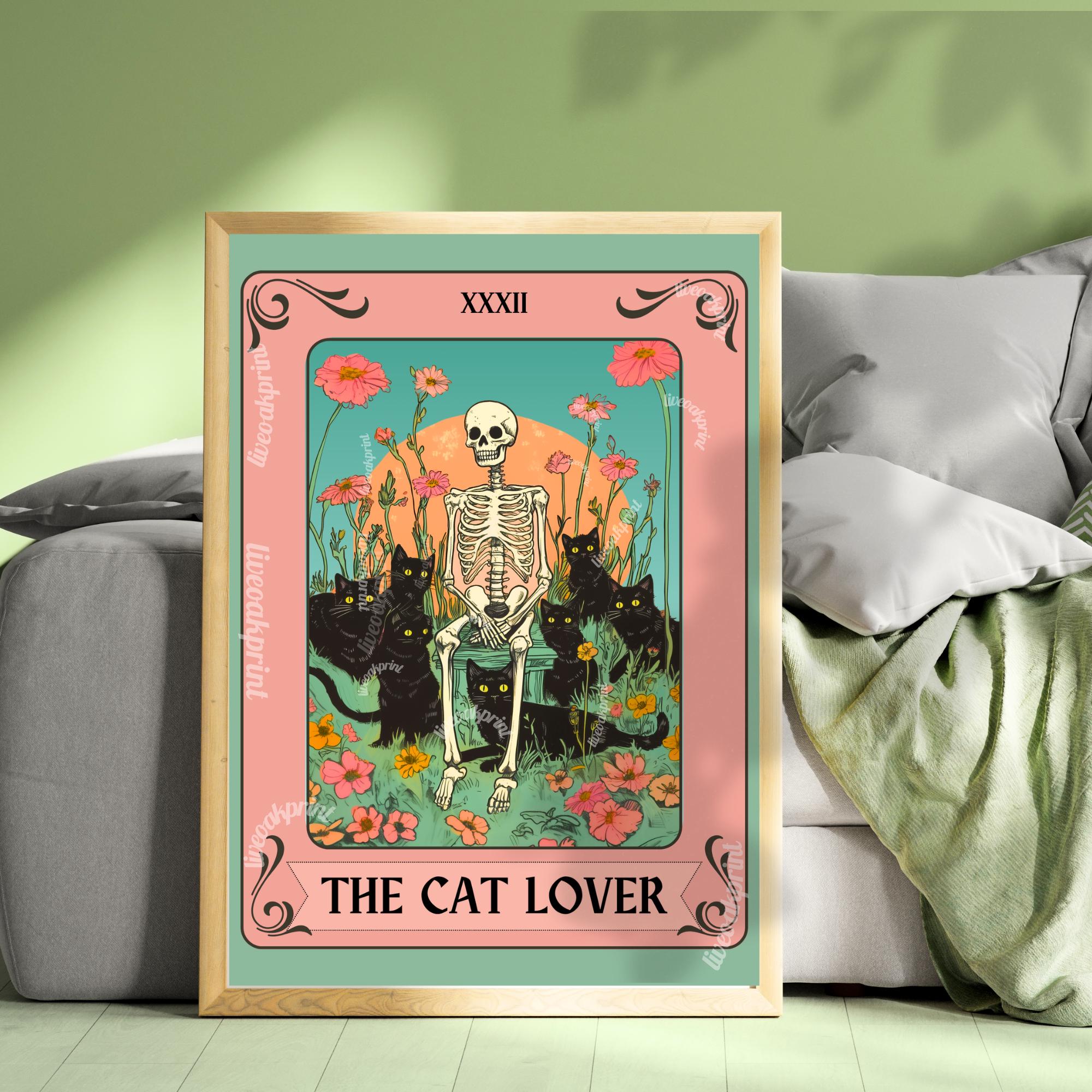 Carte de tarot Les amoureux des chats - Art mural chat noir Décoration de chat de sorcellerie Illustration de chat botanique Carte de tarot Décoration murale Cadeau pour amoureux des chats Poster de chat