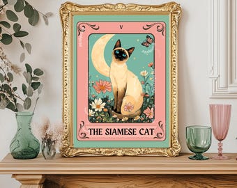 Siam Katze Tarot Art Print, Katzen Illustration für Schlafzimmer, Witchy Cat Poster, Katzenliebhaber Geschenk, Funky Cat Wall Art, Wohnzimmer