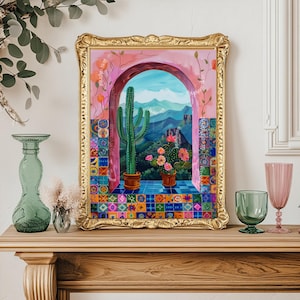 Mexican Cactus Print - Mexico Nature Scenery and Tiles Print - Boho Wall Art - Cactus Wall Art - Cactus Decor - Boho Cactus Print - Pink