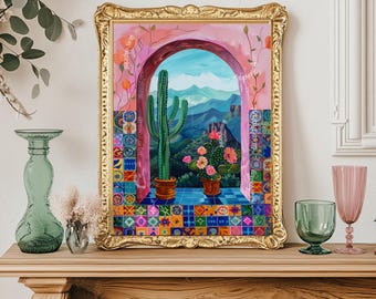 Mexican Cactus Print - Mexico Nature Scenery and Tiles Print - Boho Wall Art - Cactus Wall Art - Cactus Decor - Boho Cactus Print - Pink
