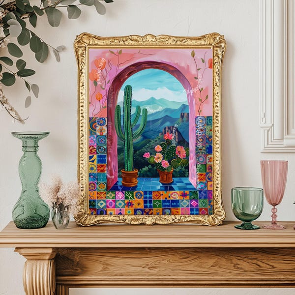 Mexican Cactus Print - Mexico Nature Scenery and Tiles Print - Boho Wall Art - Cactus Wall Art - Cactus Decor - Boho Cactus Print - Pink