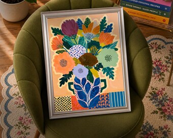 Serena Mid Century Modern Floral Wall Art - Teal and Orange Retro Blue and Terracotta MCM Print