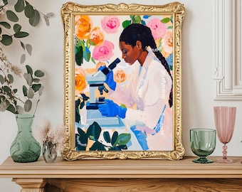 May include: An art print in a gold frame depicts a Black person in a lab coat and blue gloves using a microscope. The background features colorful flowers. The print is displayed on a wooden mantel with decorative vases and glassware.